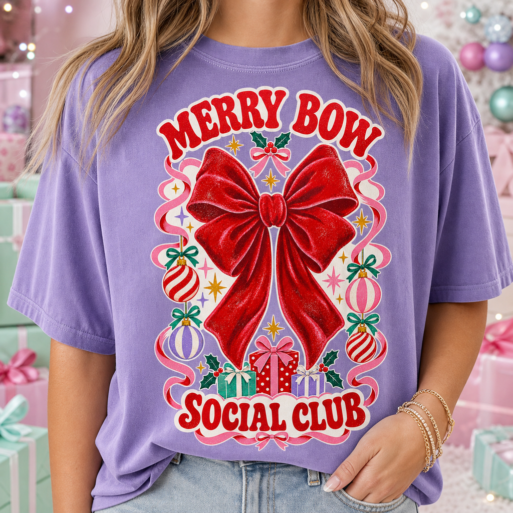 Merry Bow Social Club Comfort Colors Shirt, Colorful Christmas Tee