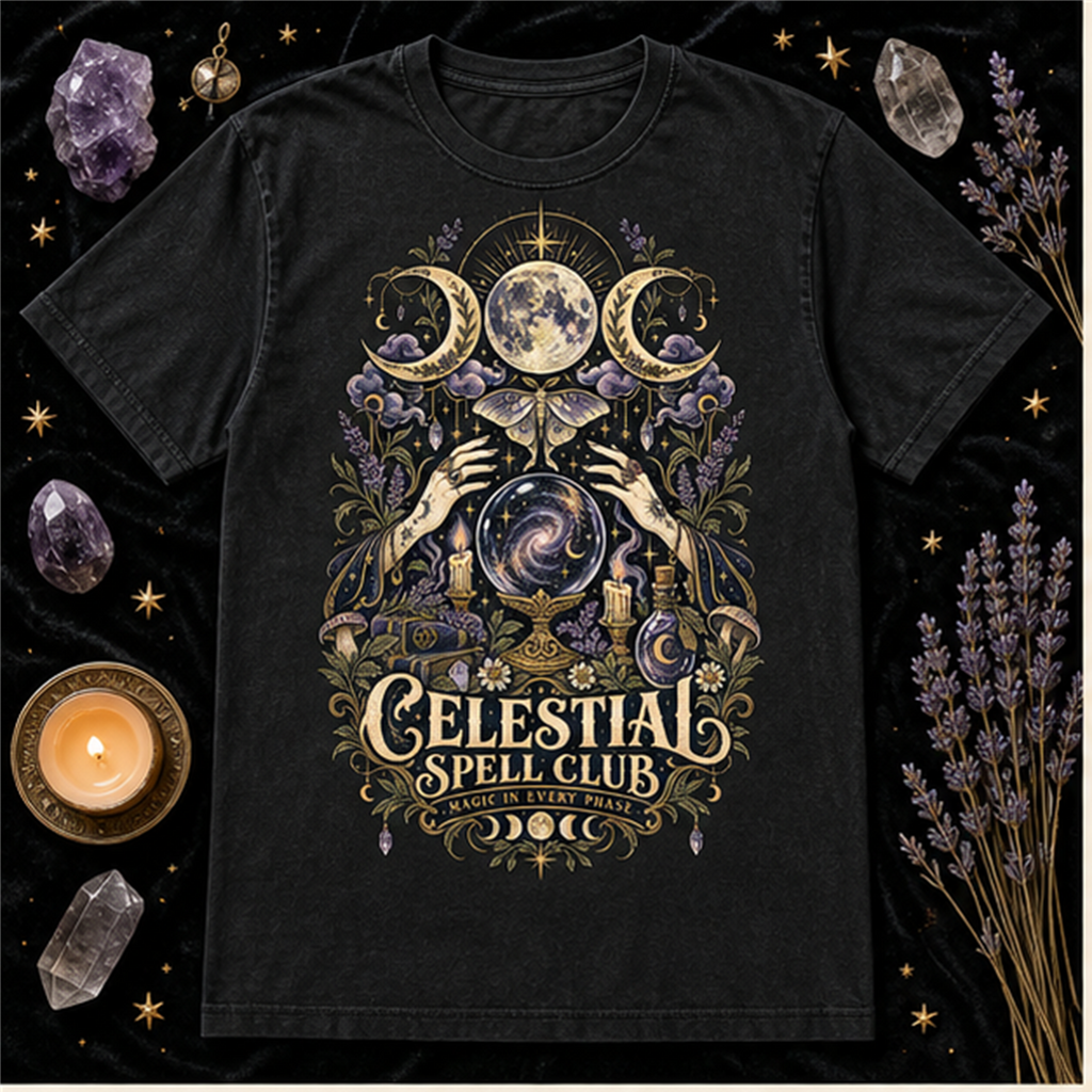 Celestial Spell Club Comfort Colors Shirt, Witchy Moon Halloween Tee