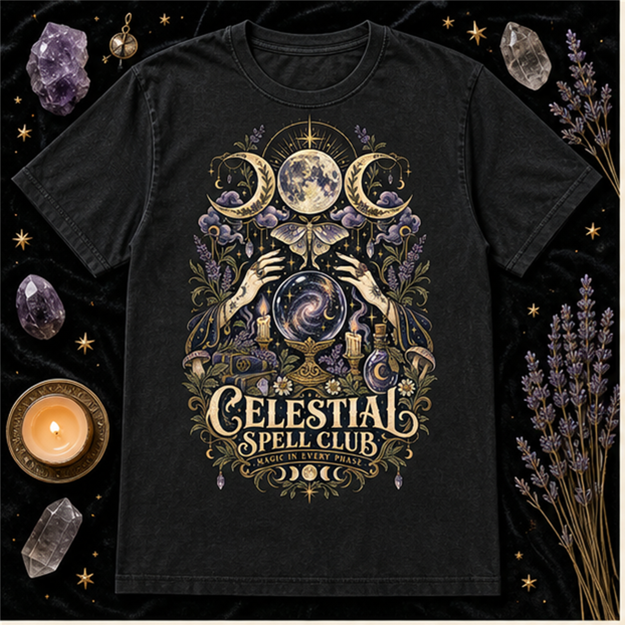 Celestial Spell Club Comfort Colors Shirt, Witchy Moon Halloween Tee