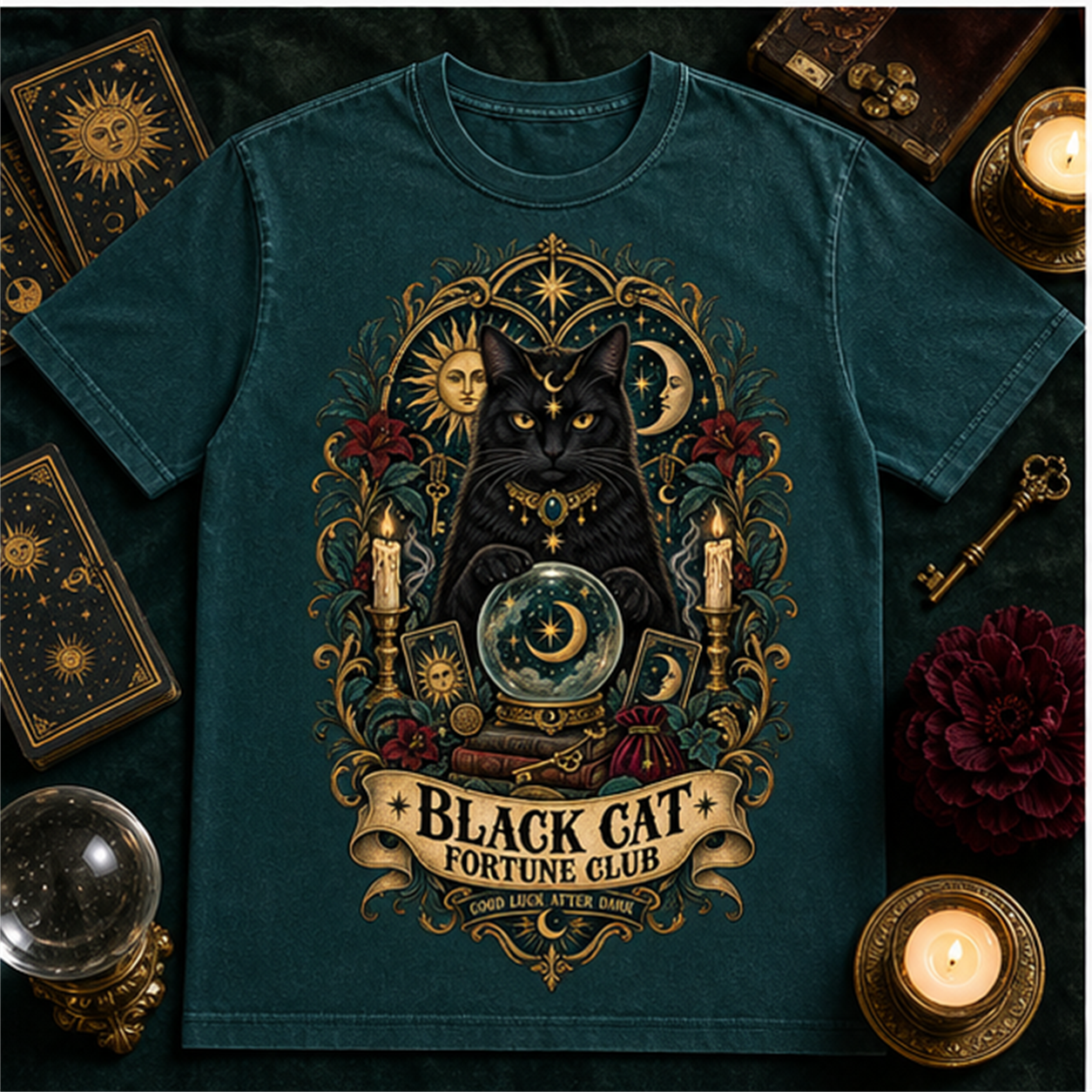 Black Cat Fortune Club Comfort Colors Shirt, Mystic Halloween Tee