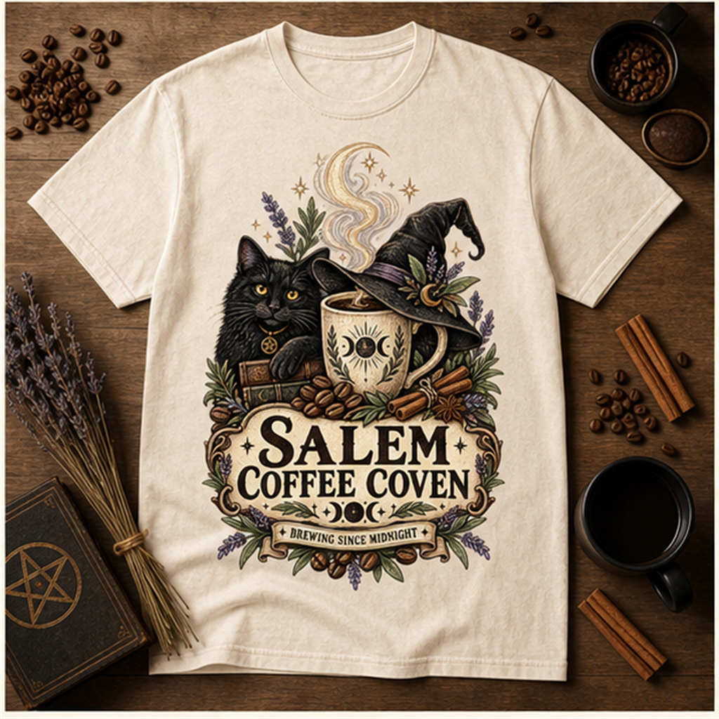 Salem Coffee Coven Comfort Colors Shirt, Witchy Coffee Halloween Tee
