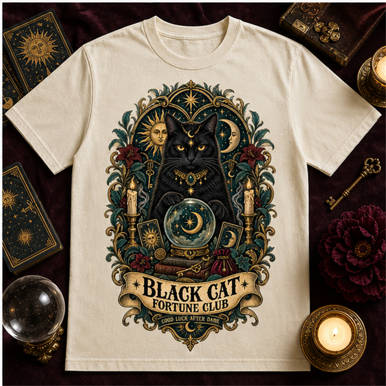 Black Cat Fortune Club Comfort Colors Shirt, Mystic Halloween Tee