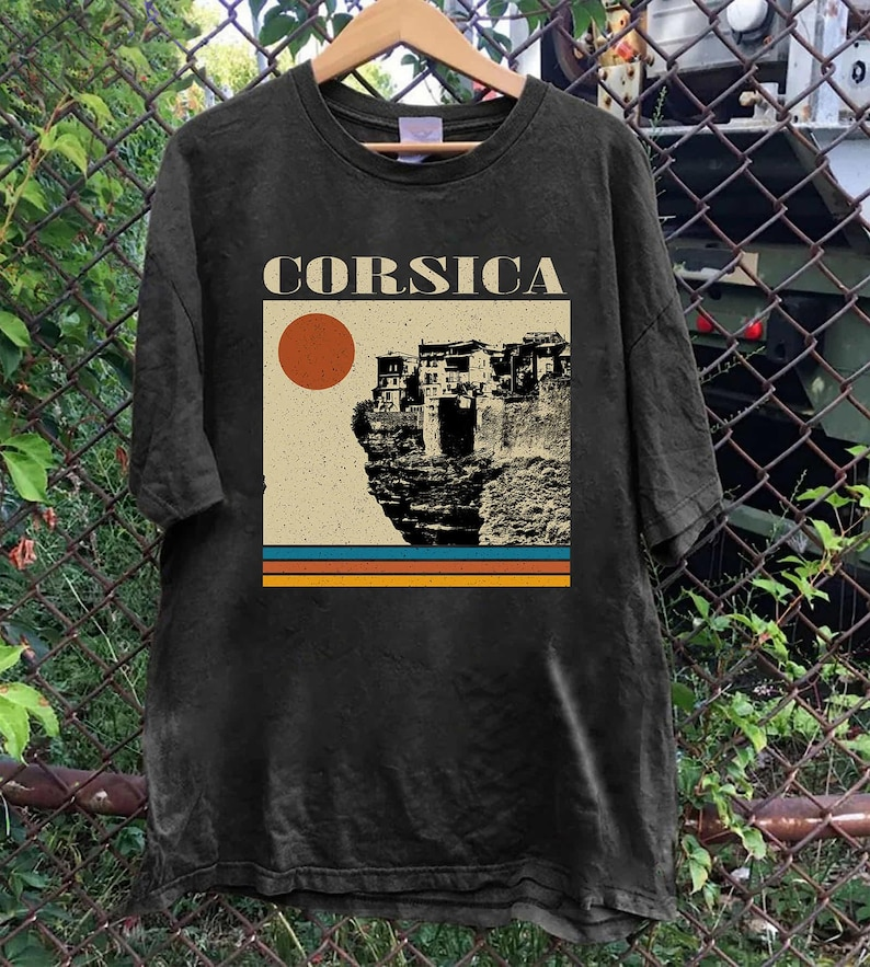 Corsica France Retro Sunset T-Shirt, Bonifacio Cliff Graphic Tee