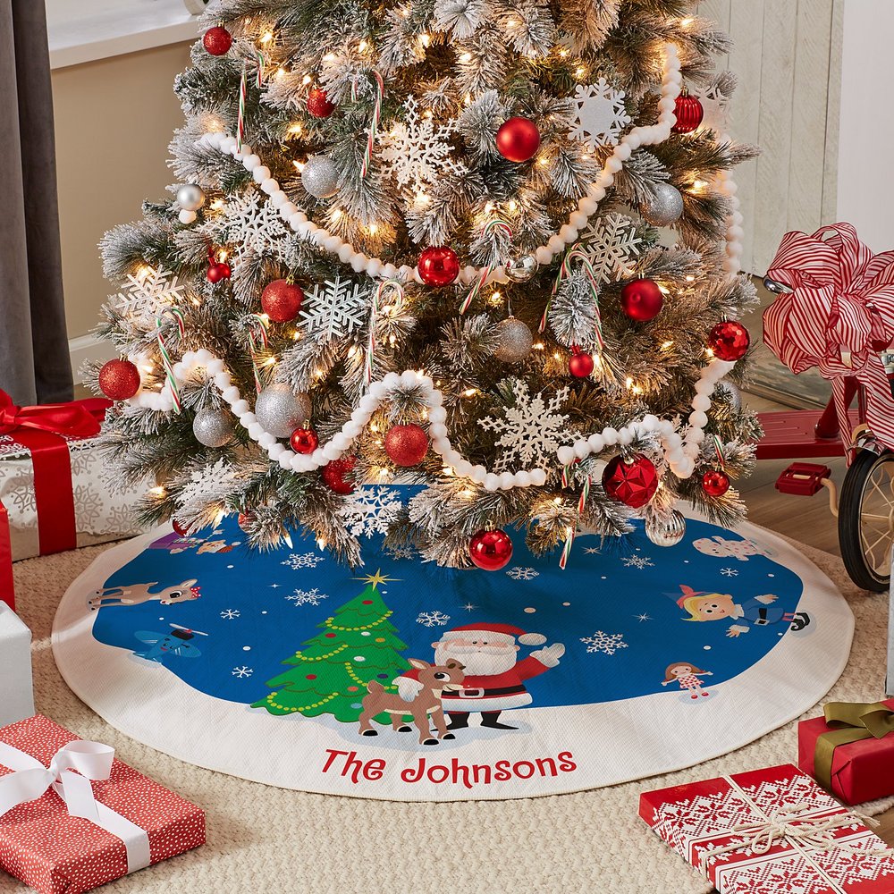 Rudolph® Winter Fun Quilted Christmas Tree Skirt | Personalized Holiday Tree Skirt | Rudolph the Red-Nosed Reindeer Christmas Decor