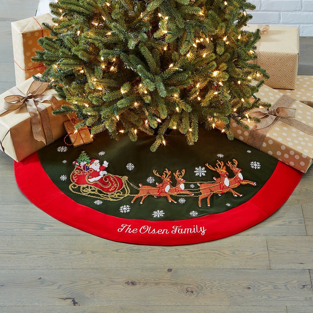 Vintage Needlepoint Christmas Tree Skirt | Personalized Embroidered Holiday Tree Skirt | Custom Family Christmas Decor