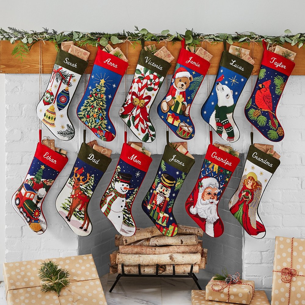 Vintage Needlepoint Personalized Christmas Stocking, Custom Name Needlepoint Holiday Stocking, Classic Fireplace Mantel Christmas Decor