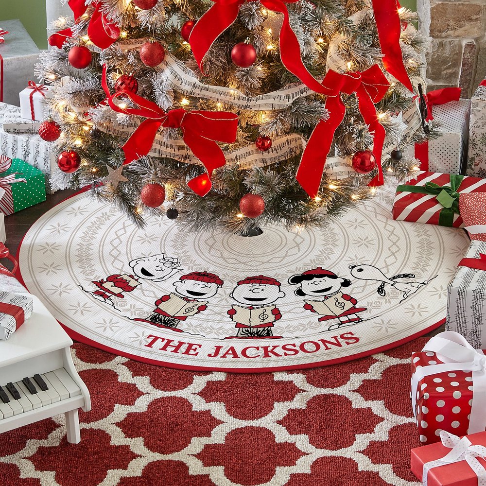 PEANUTS Classic Caroling Quilted Christmas Tree Skirt | Personalized Holiday Tree Skirt | Snoopy & Friends Christmas Decor