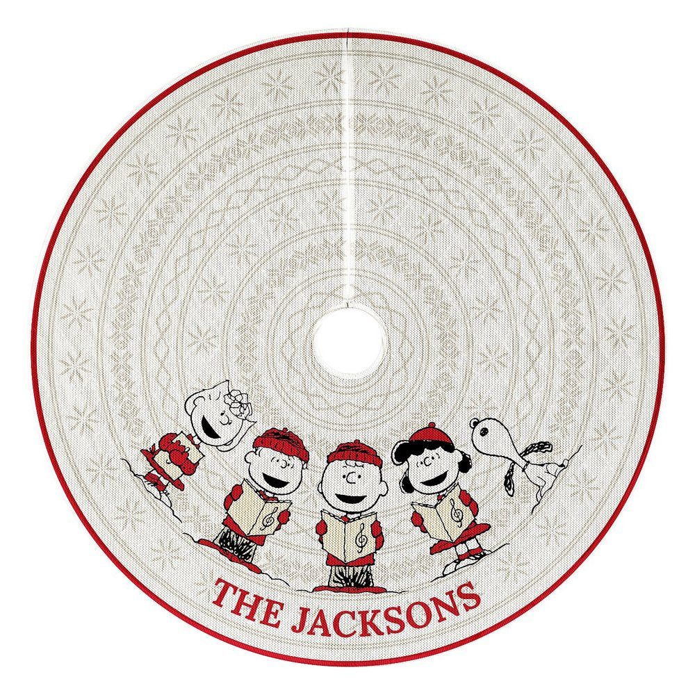 PEANUTS Classic Caroling Quilted Christmas Tree Skirt | Personalized Holiday Tree Skirt | Snoopy & Friends Christmas Decor