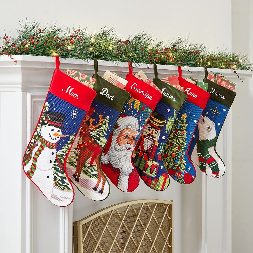Vintage Needlepoint Personalized Christmas Stocking, Custom Name Needlepoint Holiday Stocking, Classic Fireplace Mantel Christmas Decor