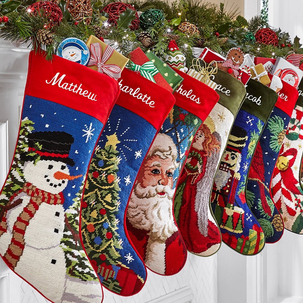 Vintage Needlepoint Personalized Christmas Stocking, Custom Name Needlepoint Holiday Stocking, Classic Fireplace Mantel Christmas Decor